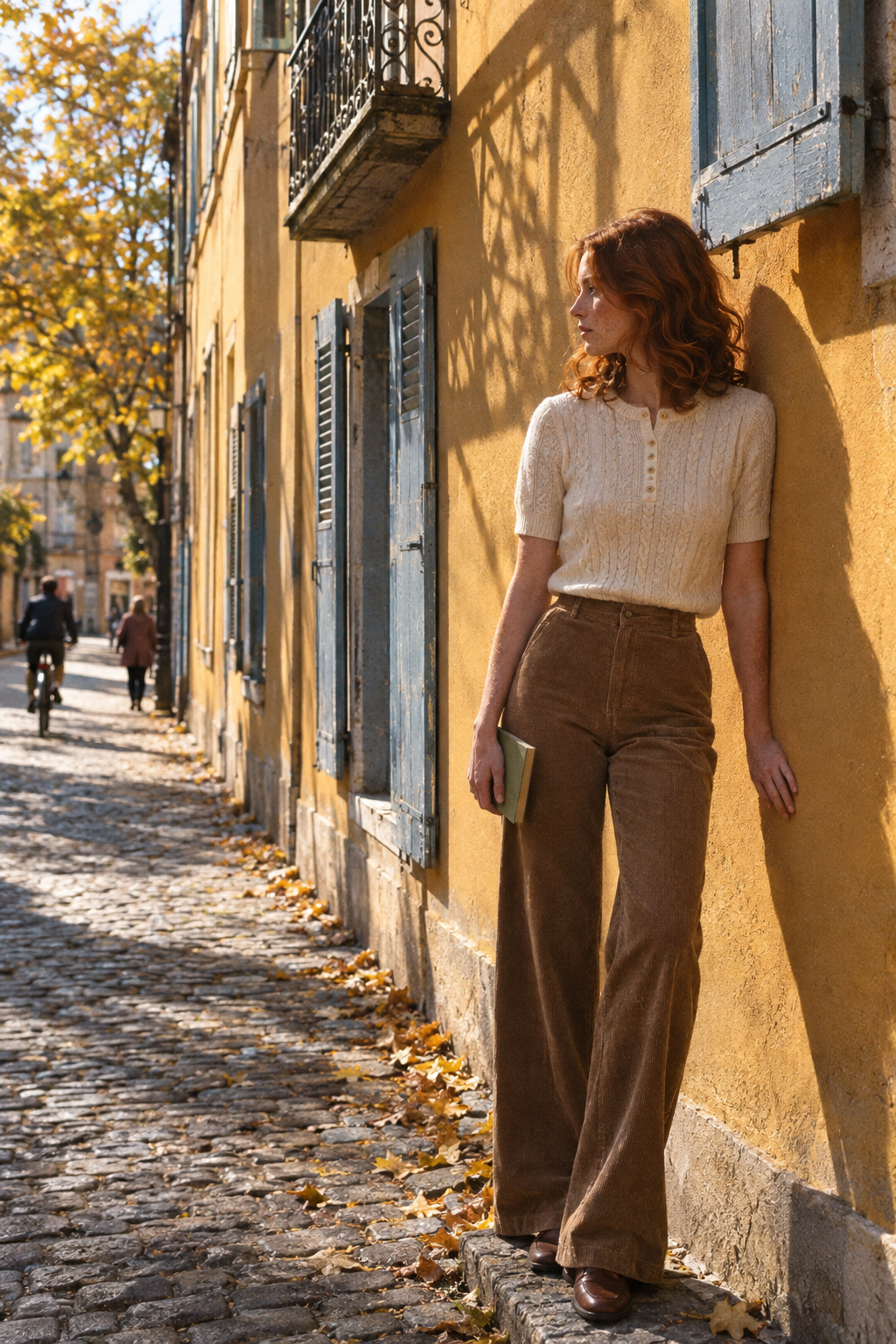 Old money brands for women: Ralph Lauren cream cable-knit sweater and camel corduroy trousers