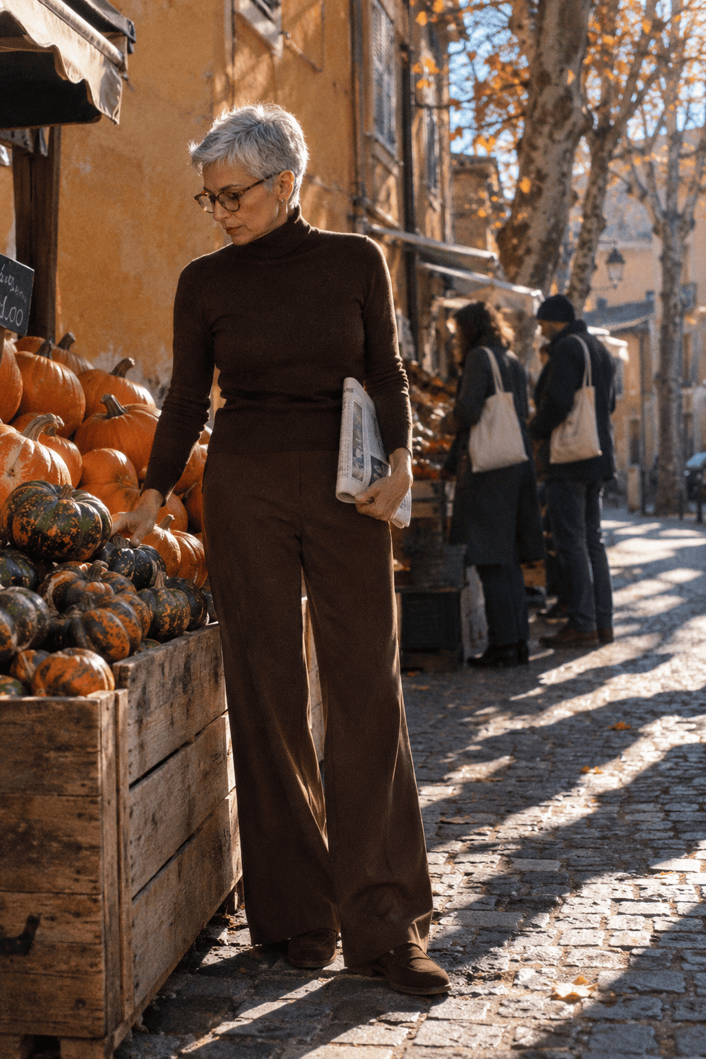 women over 60 thanksgiving outfit: chocolate merino turtleneck, wide-leg brown trousers and suede loafers