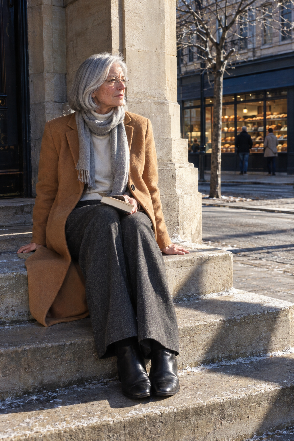 winter outfits for women over 60: caramel wool coat, off-white cashmere turtleneck and charcoal ponte wide-leg trousers with grey scarf