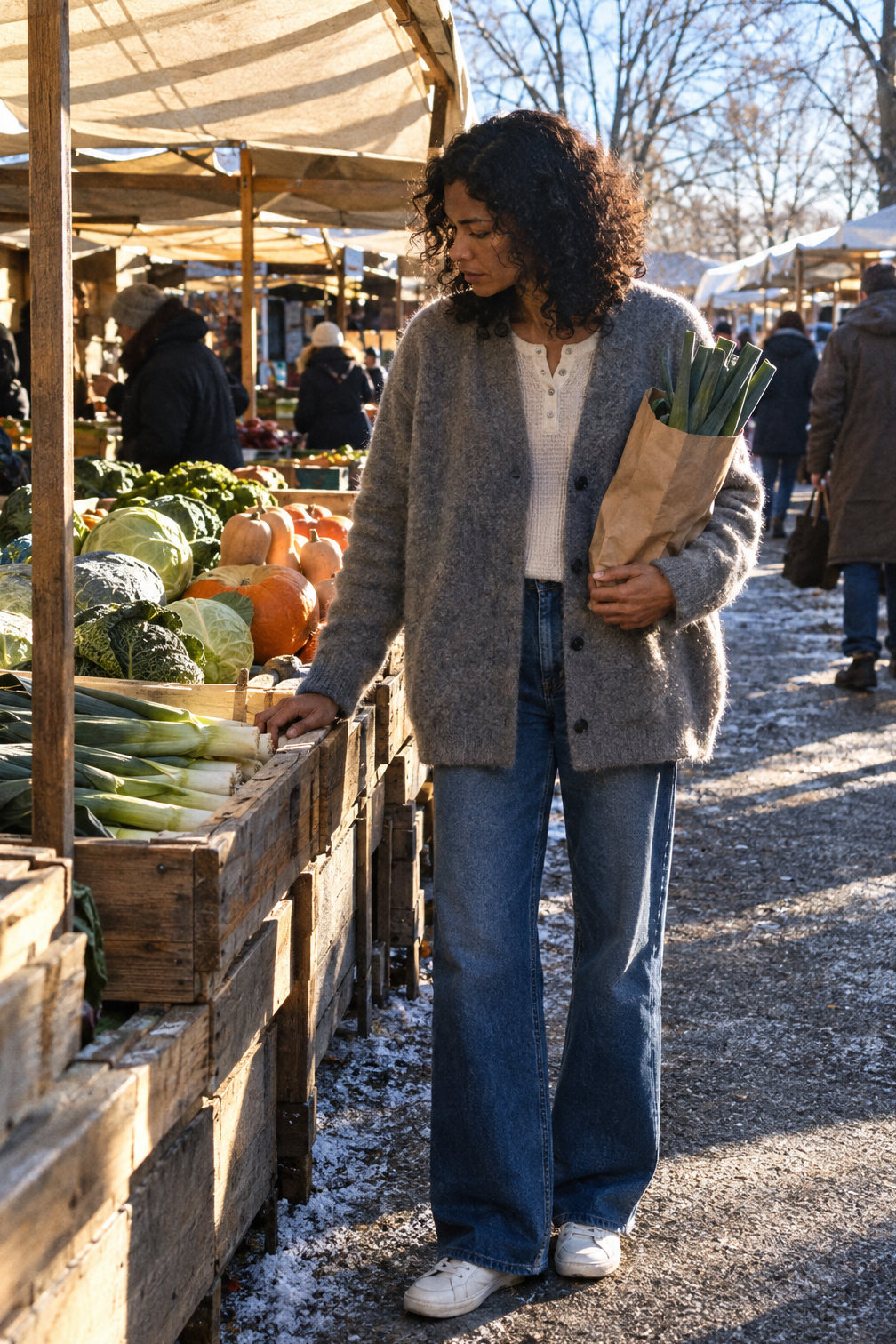 casual winter outfit: heather grey alpaca cardigan, off-white waffle henley, wide straight jeans and white leather sneakers