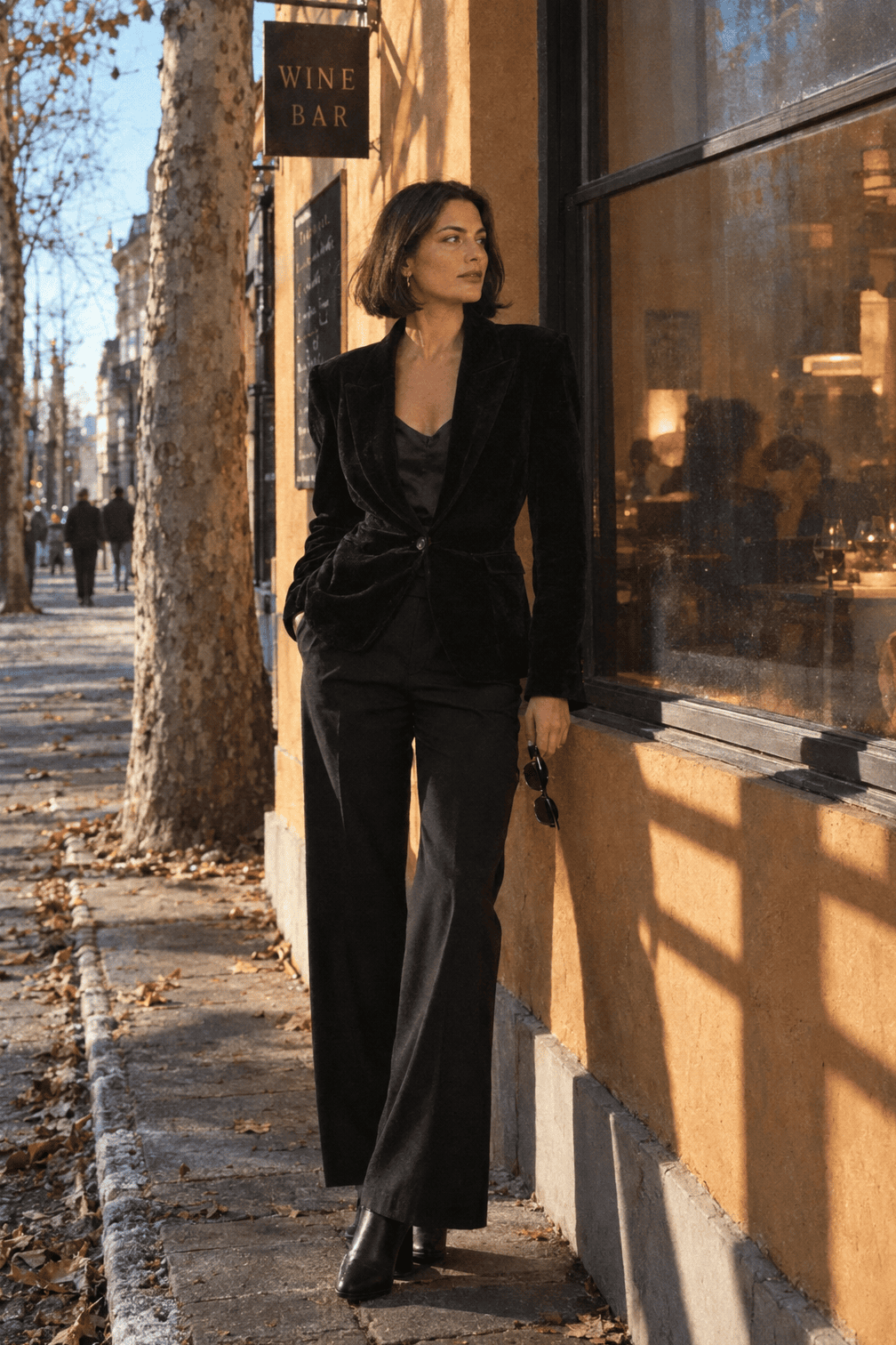 winter date night outfit: black velvet blazer over a black silk cami with wide-leg trousers and block-heel ankle boots