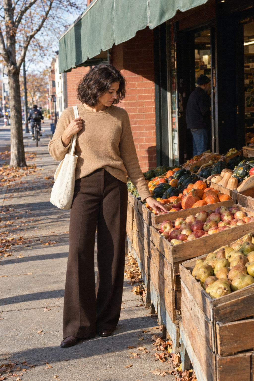 Friendsgiving outfit idea for hosting: camel cashmere crewneck, deep brown wide-leg ponte trousers and dark dark brown penny loafers