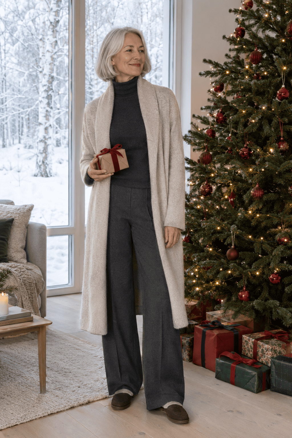 christmas day outfit for women over 60: oatmeal cashmere duster cardigan, charcoal turtleneck, grey wide-leg trousers and shearling loafers by the tree