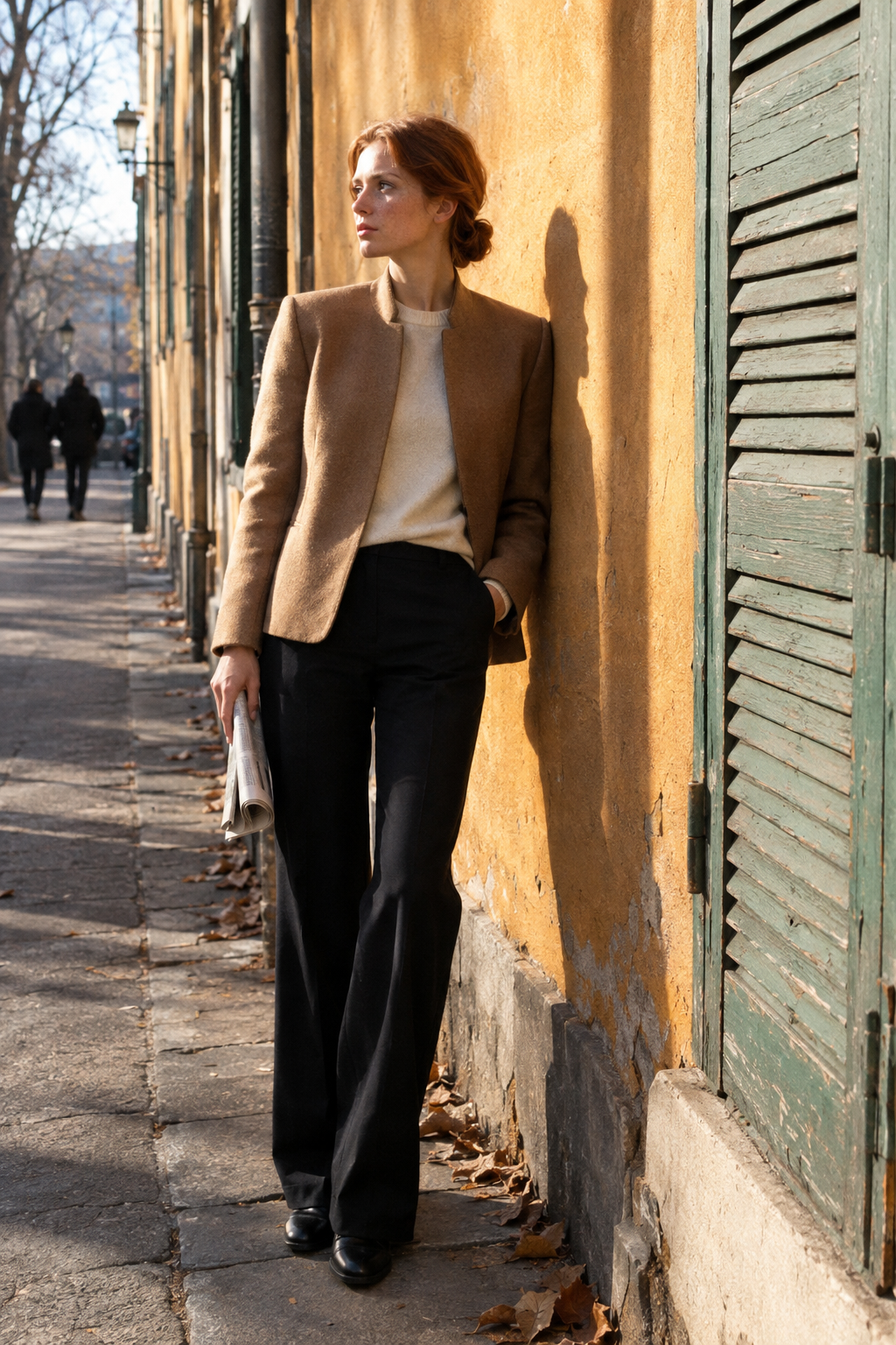 old money habit of fewer, better basics: camel wool blazer, black tailored trousers and ivory cashmere crewneck sweater