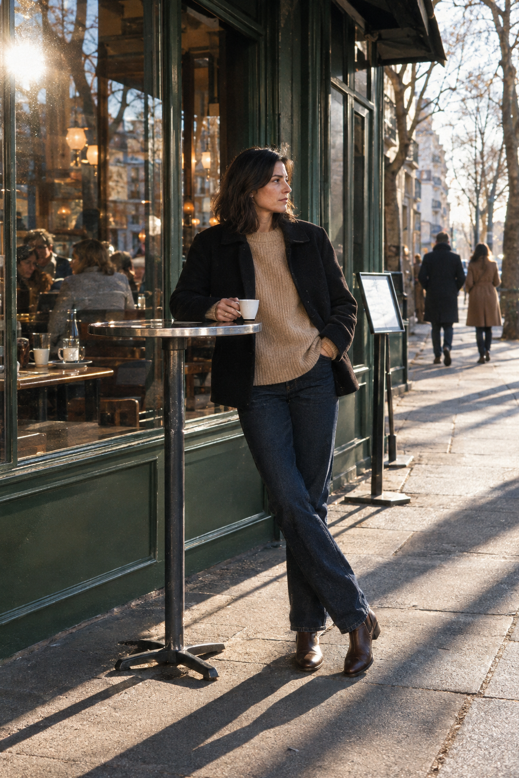 winter dinner outfit: oatmeal alpaca knit, dark indigo jeans, brown leather chelsea boots and a short black wool coat