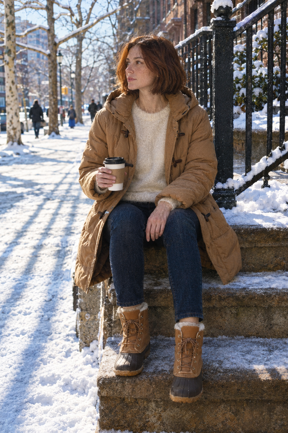 snow outfits for women: camel hooded down duffle coat, off-white fluffy sweater and tan fleece-lined Bean boots on a snowy city sidewalk