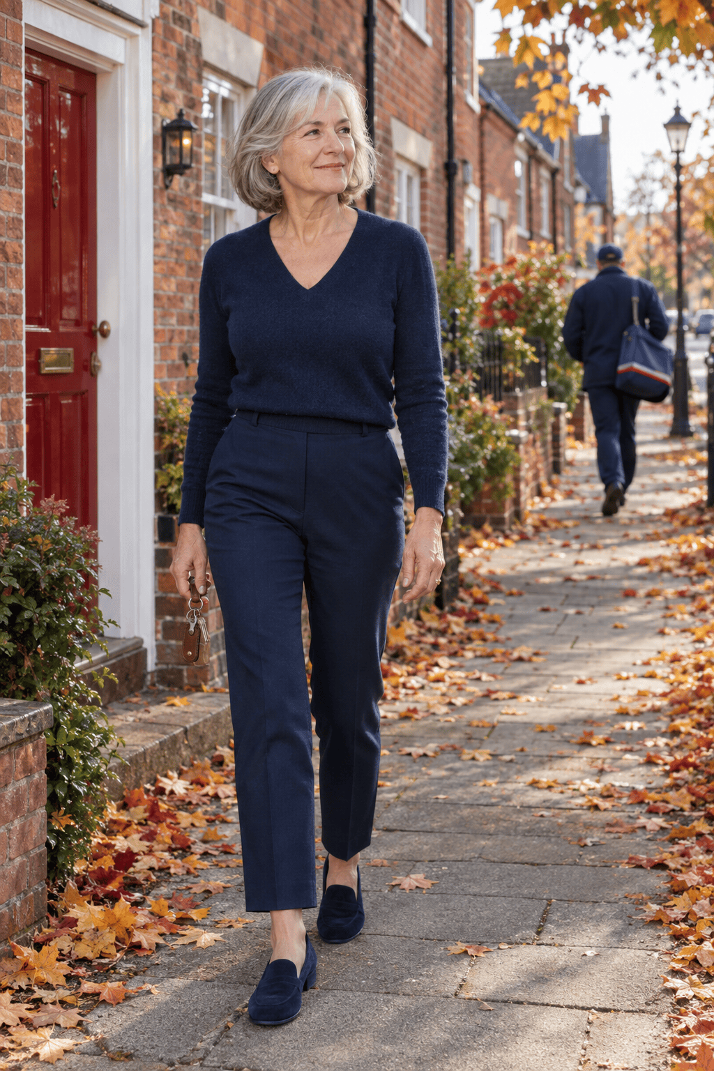petite outfit for women over 60: navy cashmere V-neck sweater tucked into navy straight ankle trousers with navy suede loafers