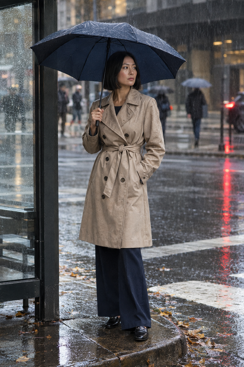 rainy day work outfit: stone cotton twill trench with navy ponte trousers and black waterproof penny loafers