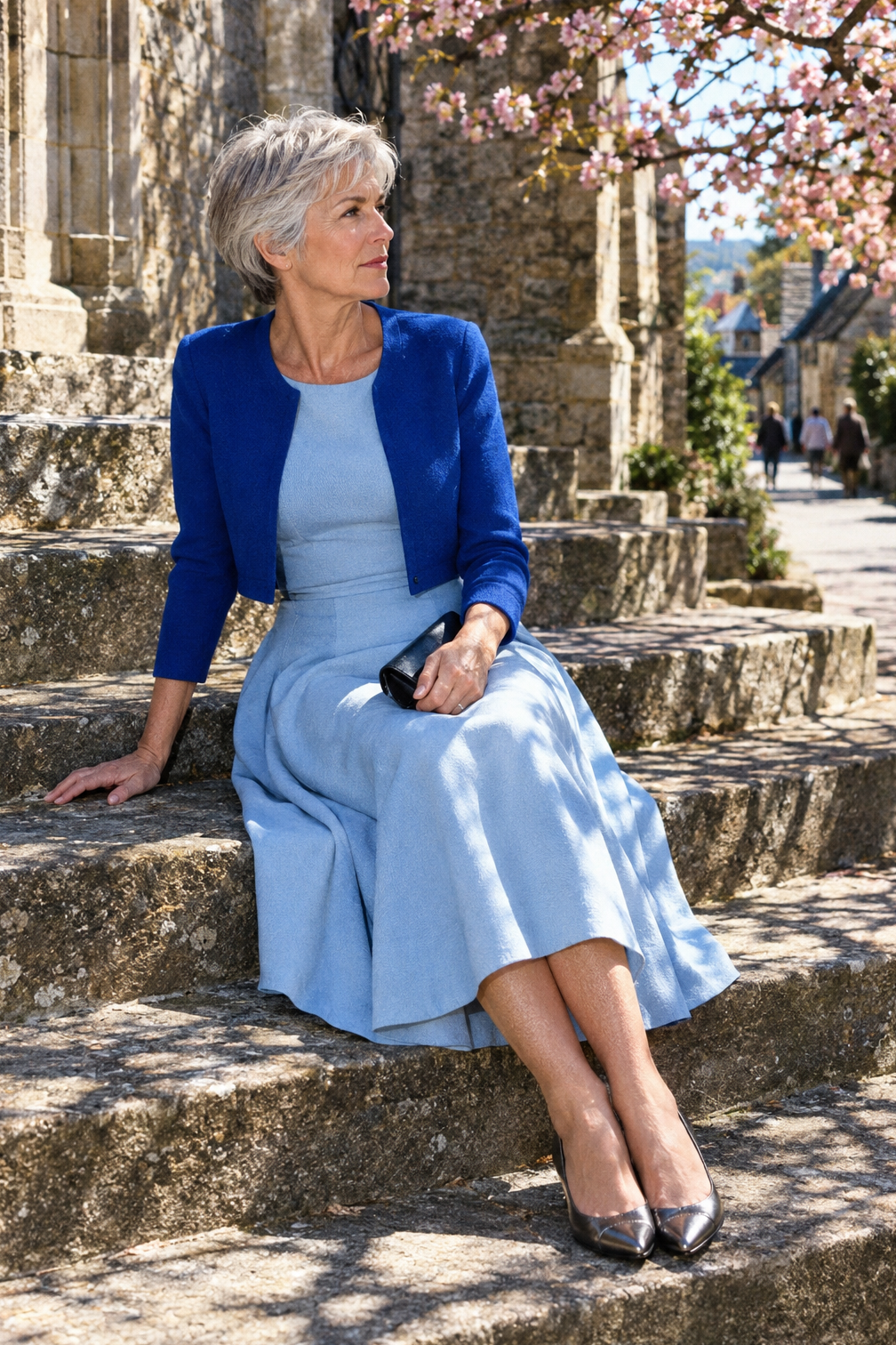spring mother of the groom outfit over 60: pearl blue knit midi dress with royal blue cropped cardigan and gunmetal pumps