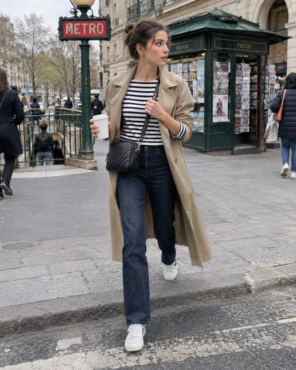 trench coat over a striped boatneck top with straight-leg dark jeans, white sneakers and a black crossbody bag on a Paris street