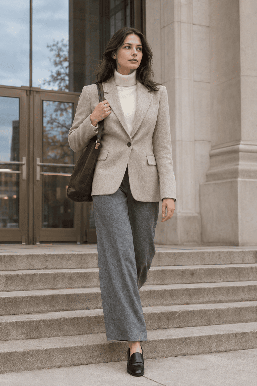 cool-weather linen outfit: oatmeal linen blazer layered over a cream cashmere turtleneck with charcoal wide-leg trousers