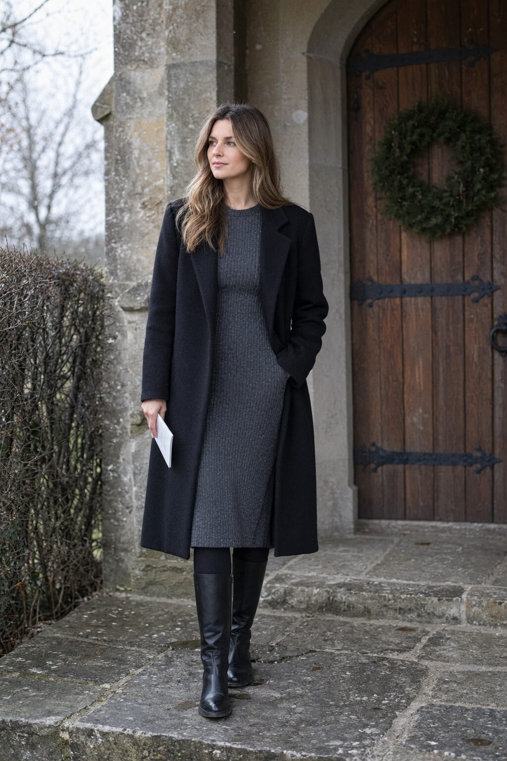 understated christmas eve church outfit: charcoal ribbed knit midi dress under a black wool-blend straight coat