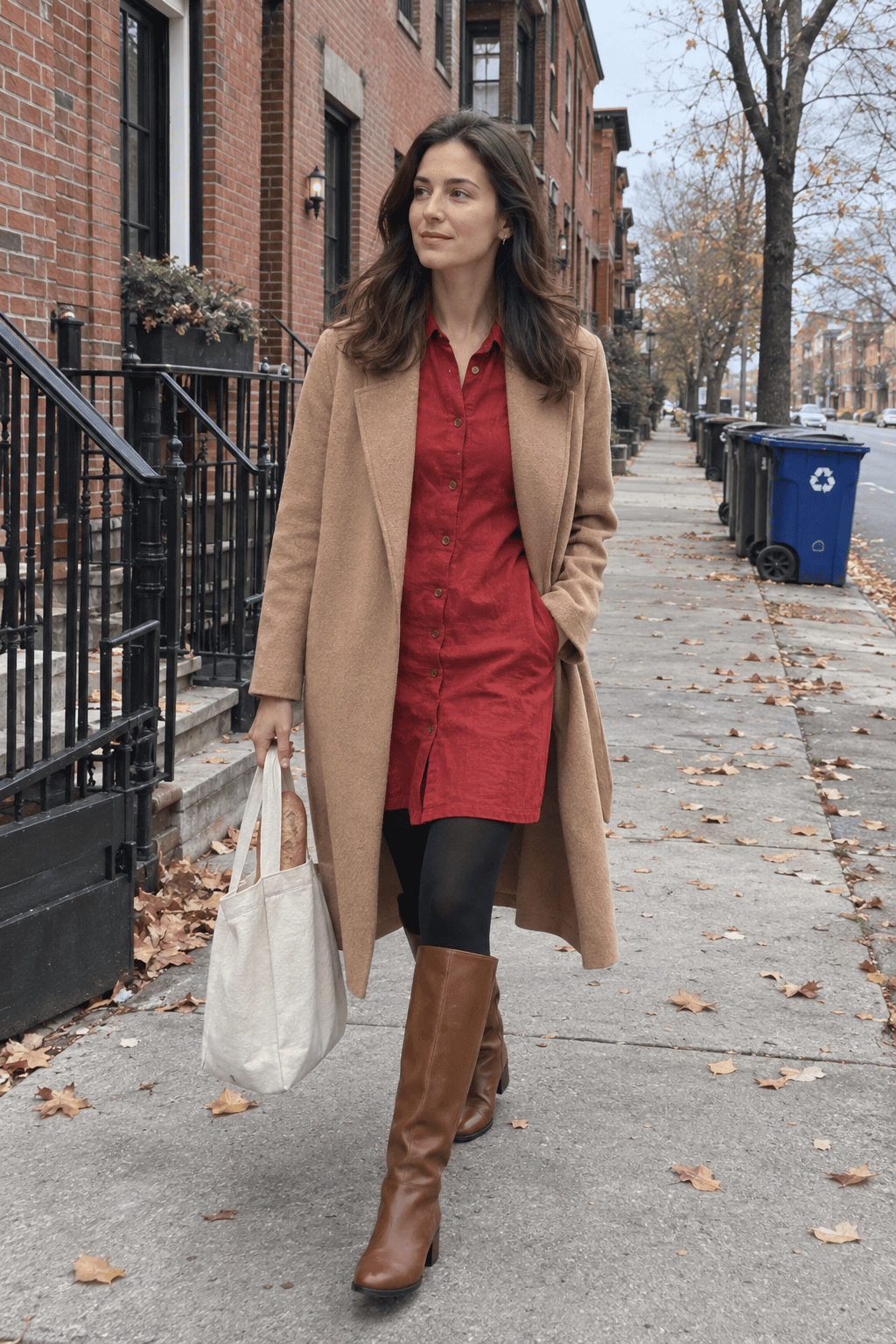 cool-weather linen outfit: Chile-red linen shirtdress under a camel wool wrap coat with cognac knee-high boots