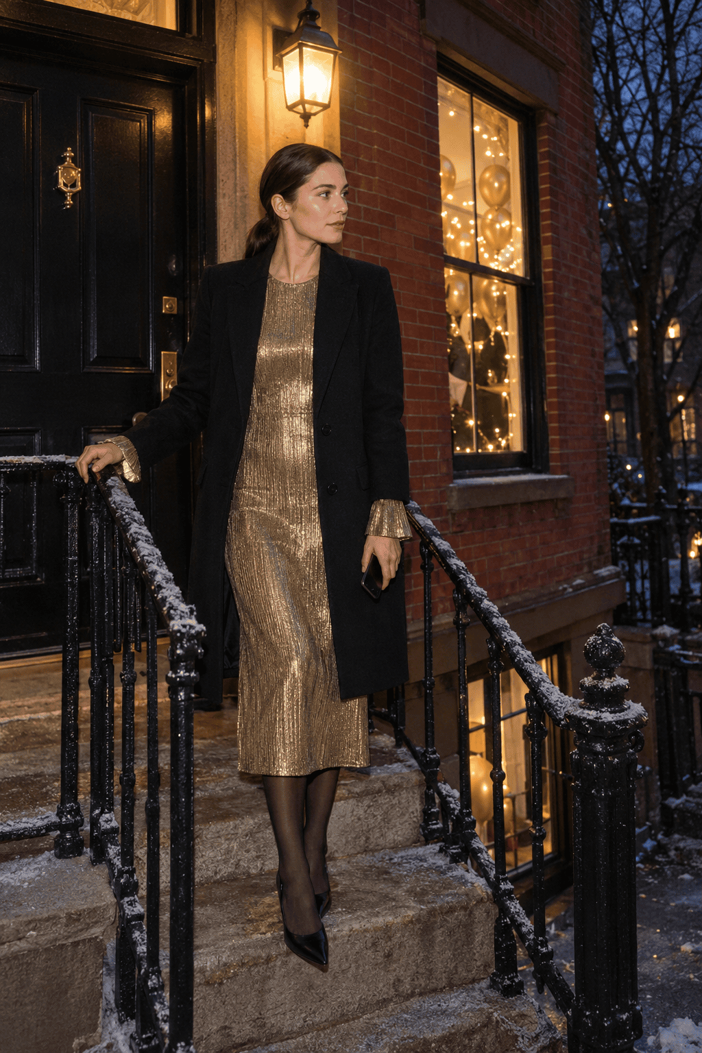 warm new years eve outfit: long-sleeve gold metallic plisse midi dress under a long black wool coat with sheer black tights and black pointed pumps