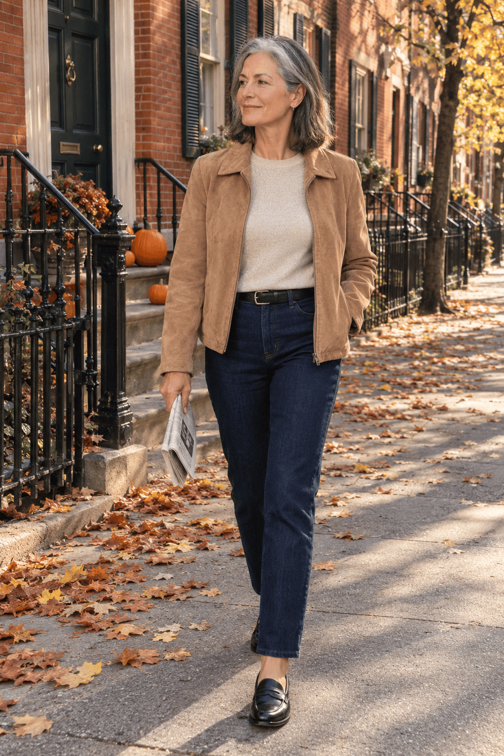 modern jeans for women over 60: high-rise dark straight-leg jeans with a fine knit and black loafers