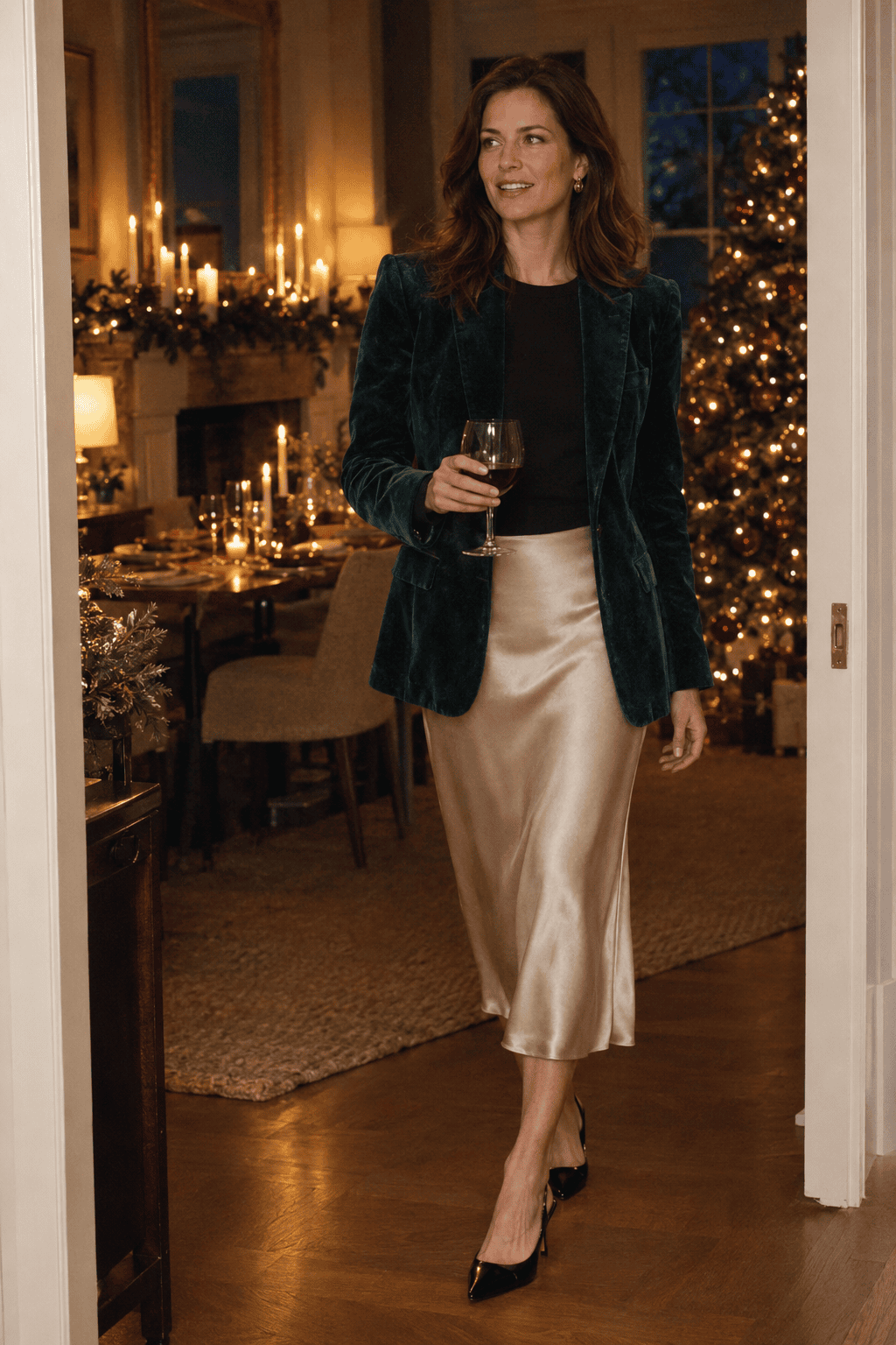 velvet blazer christmas outfit: deep emerald velvet blazer over a champagne silk slip skirt with black slingbacks at a candlelit Christmas Eve dinner