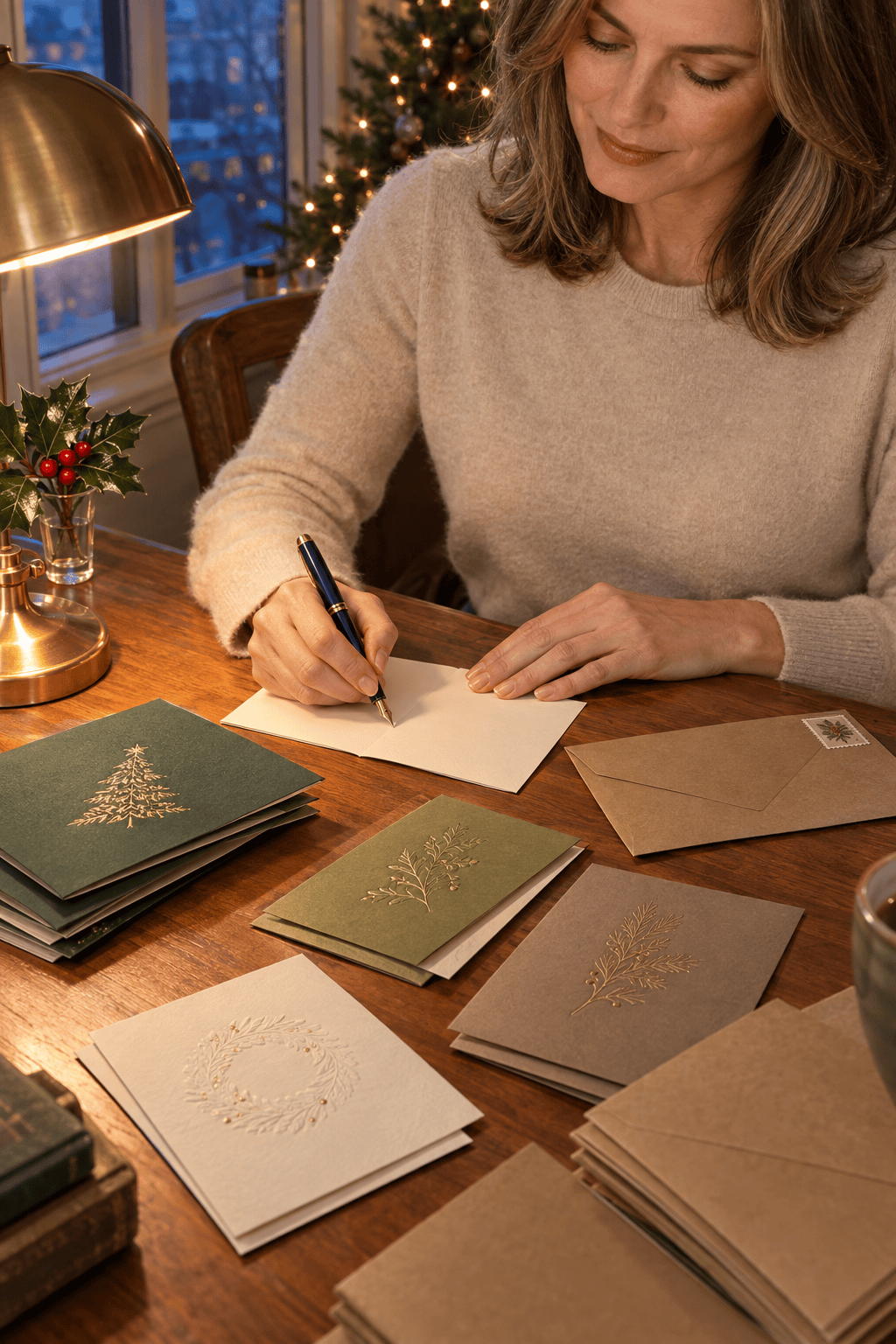 classic christmas traditions: a woman writing holiday cards with a navy fountain pen at a wooden desk, green and cream letterpress cards and envelopes beside her