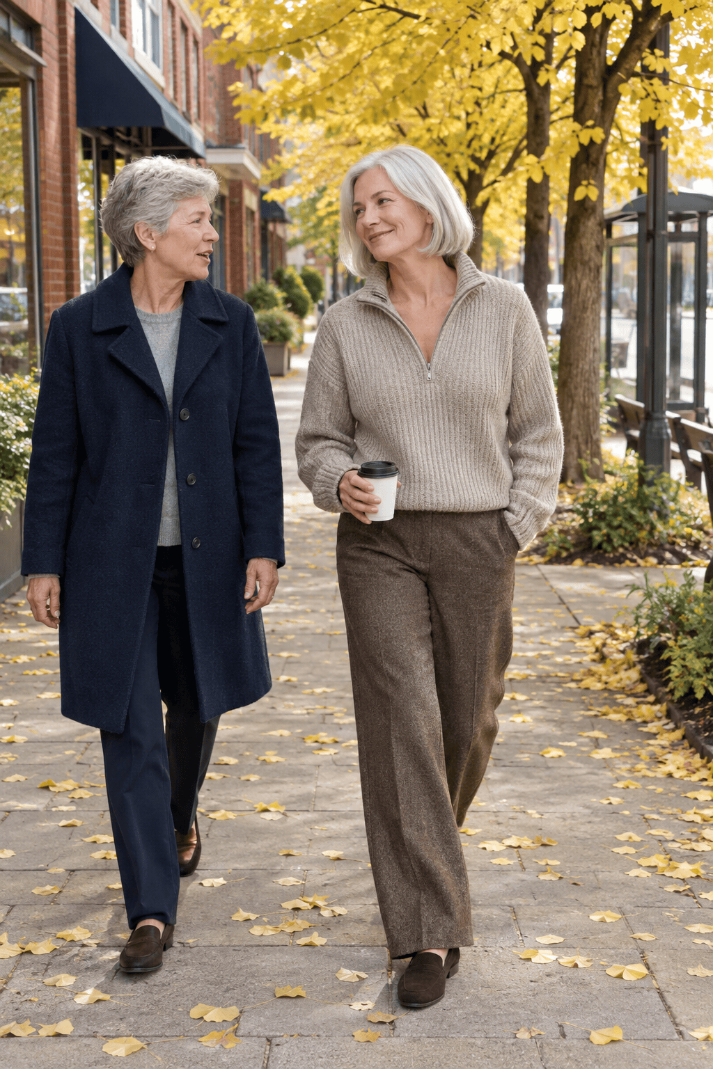 oatmeal merino half-zip sweater with fudge brown straight-leg trousers and dark brown suede loafers, a put-together casual look for women over 60