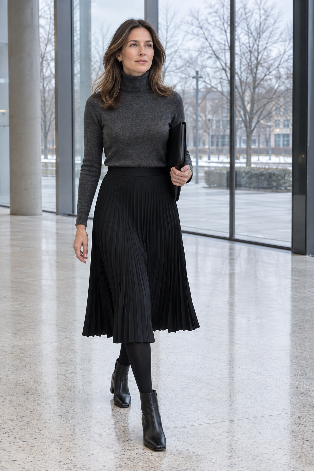 ankle boots with a pleated midi skirt in winter: black fine-pleated midi skirt, charcoal cashmere turtleneck, black opaque tights and black leather block-heel ankle boots