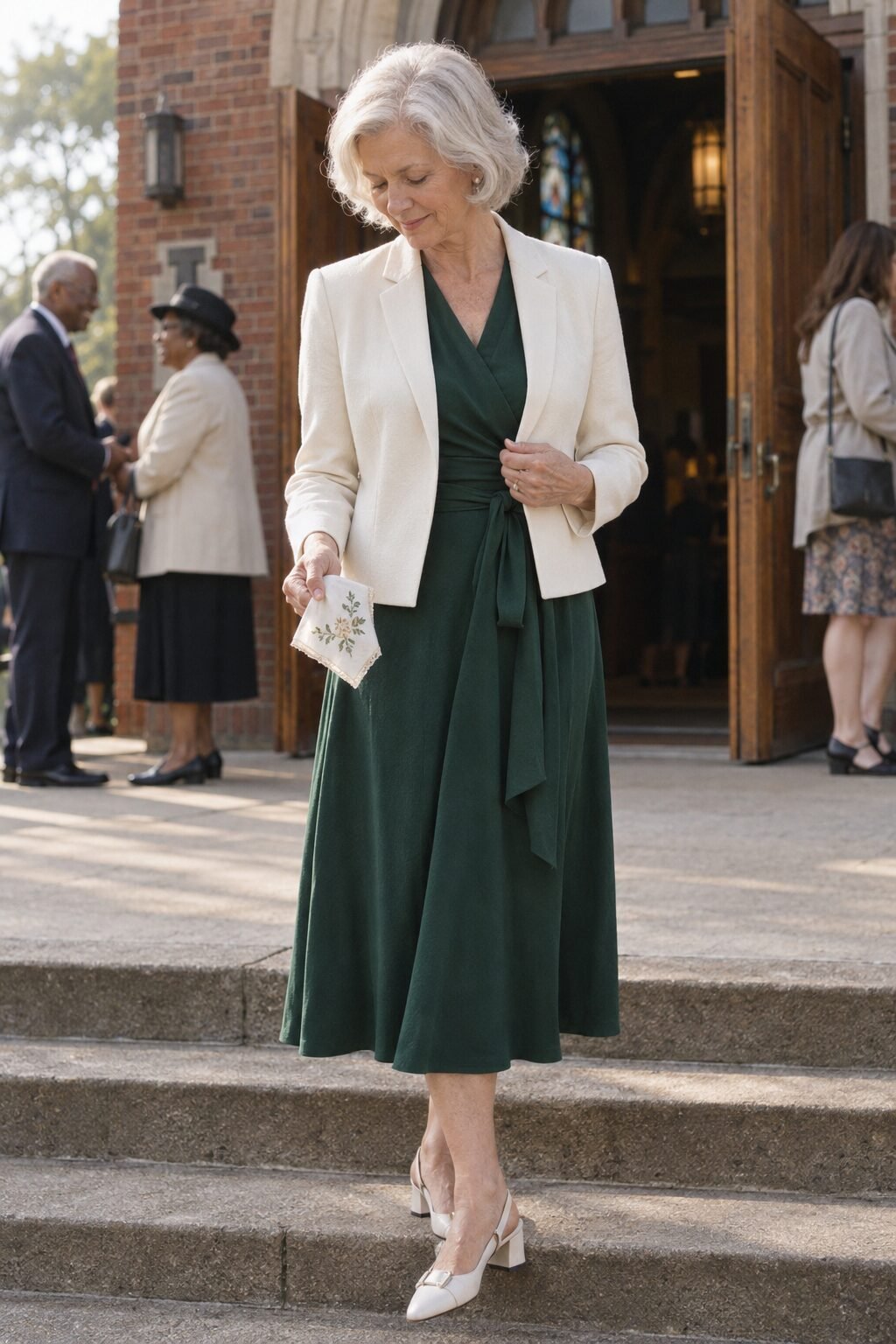 spring outfit for women over 70: conifer green wrap dress with an ivory cropped blazer and ivory slingback sandals