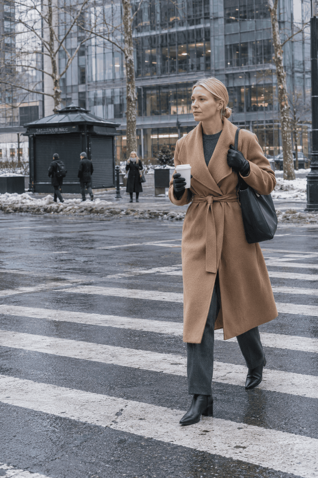 minimalist winter commute outfit: caramel wrap coat over a charcoal cashmere crewneck, charcoal trousers and black leather ankle boots