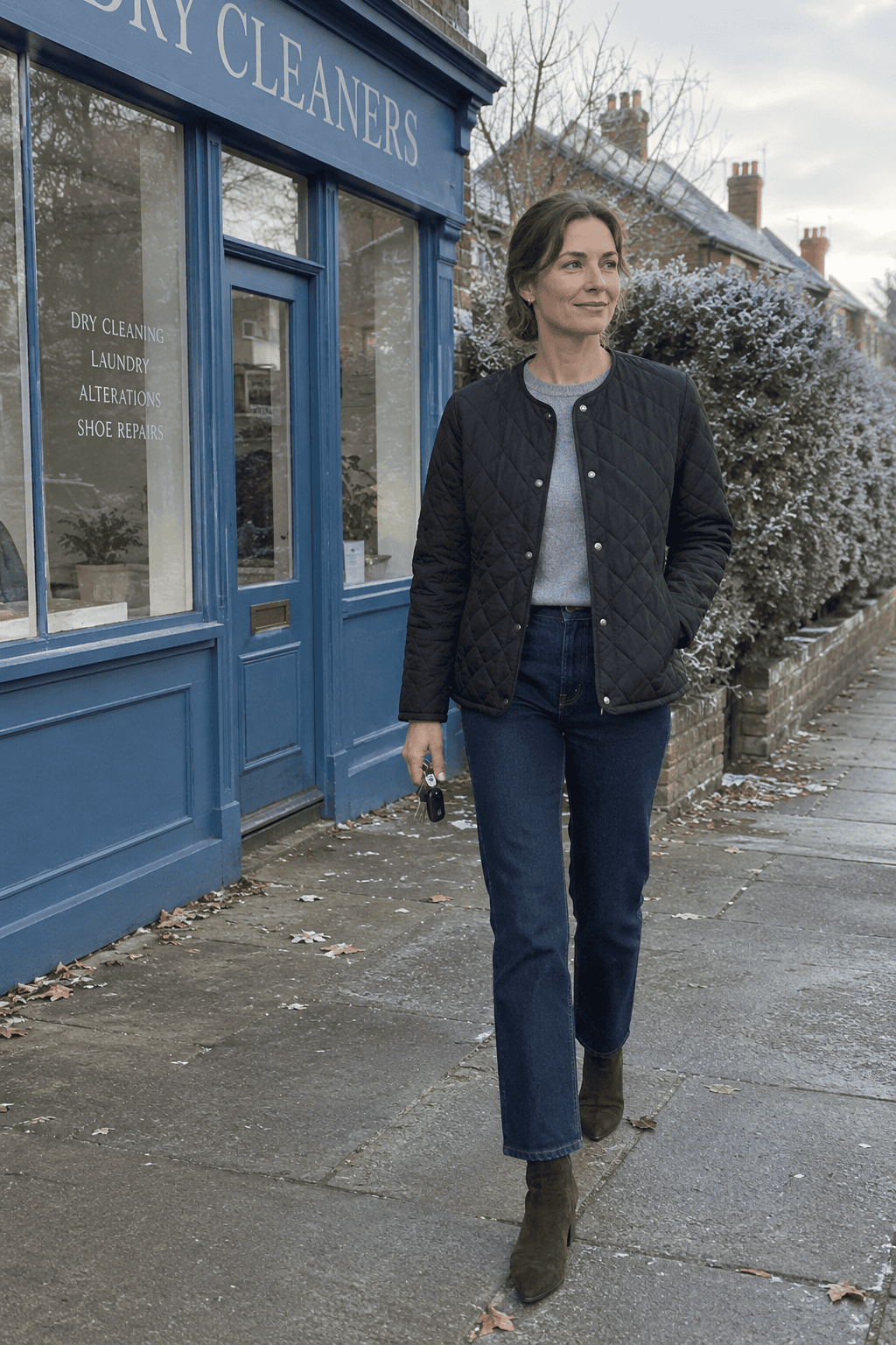 black quilted collarless jacket over heather grey cashmere crewneck with dark straight jeans and chocolate suede ankle boots