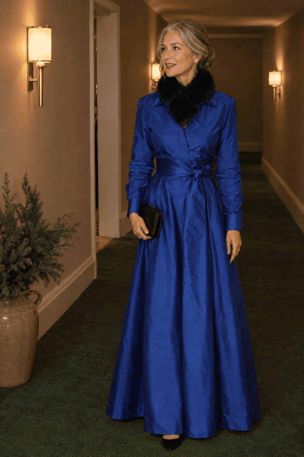 mother of the bride black-tie winter wedding outfit: royal blue taffeta long-sleeve shirtwaist gown with sash belt, black faux fur scarf at the neck and black leather pumps
