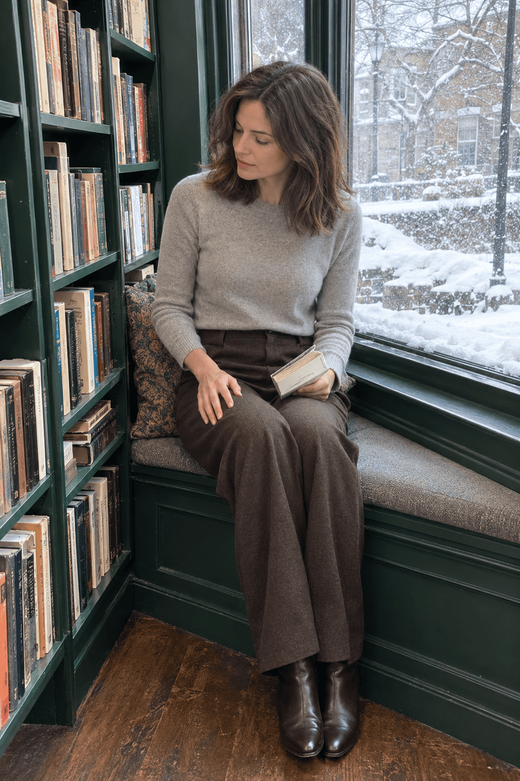 layering without bulk in winter: woman in a fine-gauge cashmere sweater tucked into tailored wool trousers