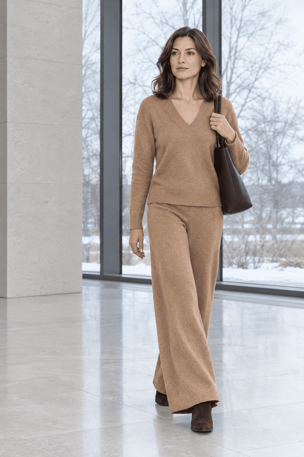 expensive looking winter office outfit: matching camel knit sweater and wide-leg knit trousers with chocolate suede ankle boots