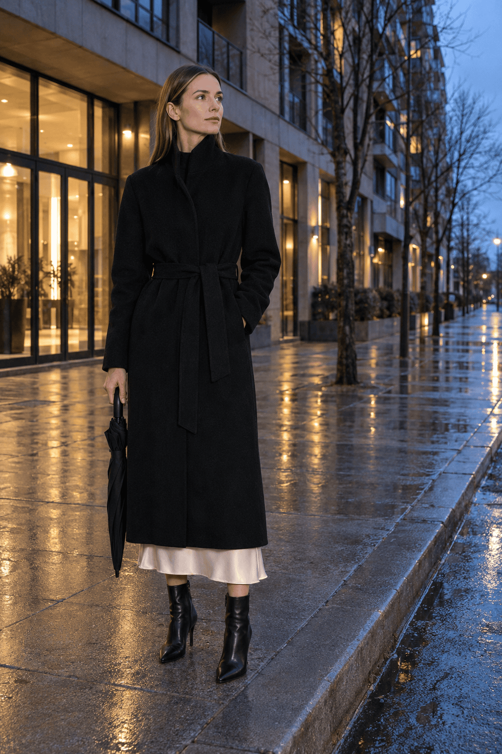 how to style a long black coat with a slip skirt: belted black wool coat over an ivory bias-cut slip skirt and black heeled ankle boots on a winter evening