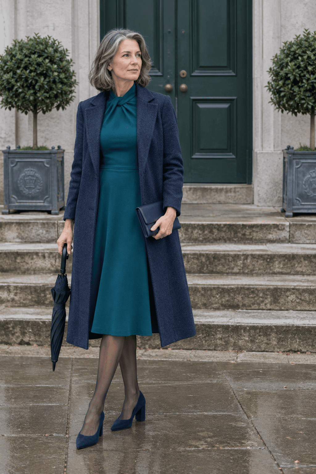 winter wedding guest outfit for women over 50: deep teal crepe fit-and-flare dress with three-quarter sleeves, long navy wool topcoat and navy suede pumps