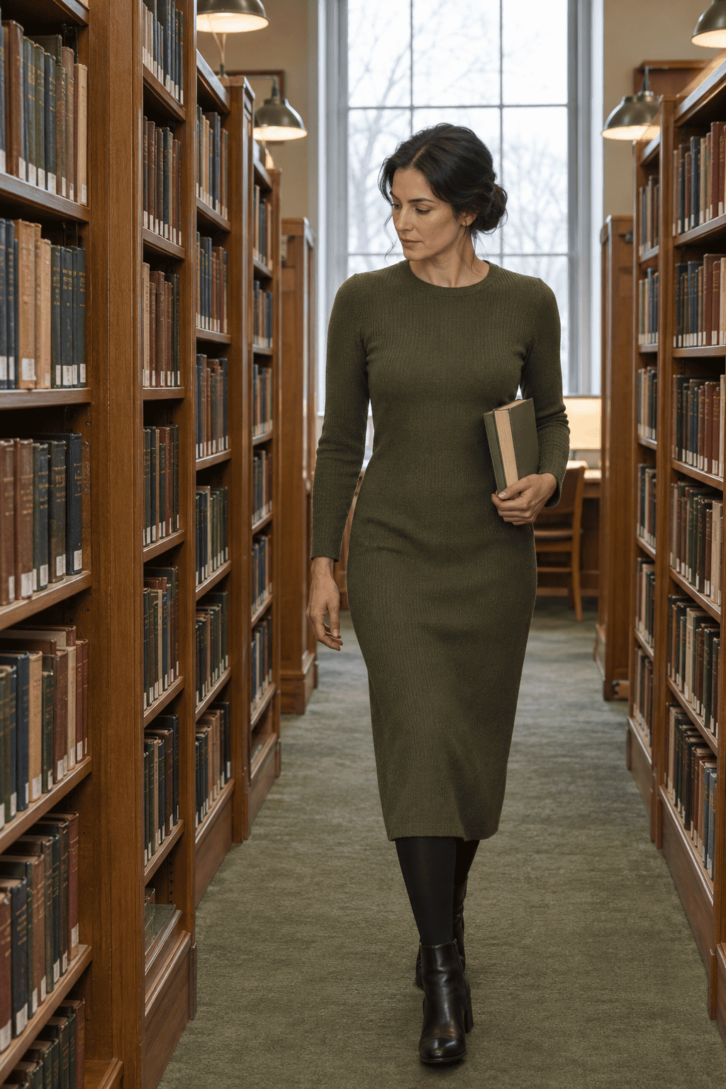 warm teacher outfit for winter: olive ribbed long-sleeve midi dress with black lined tights and black block-heel ankle boots