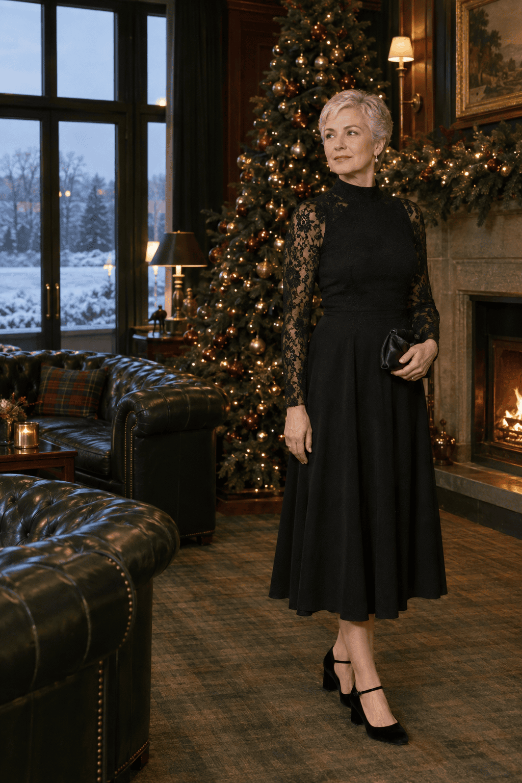 elegant holiday party outfit for women over 60: black high-neck lace-sleeve midi dress with black velvet block-heel Mary Janes
