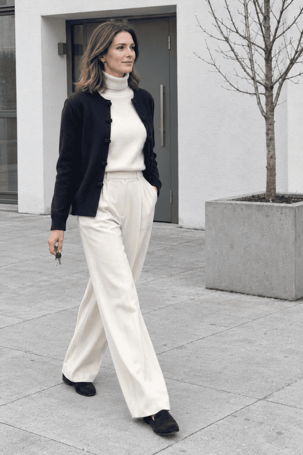 old money winter outfit color palette navy and cream: navy cashmere cardigan over cream turtleneck, cream pleated wide-leg trousers and navy suede loafers