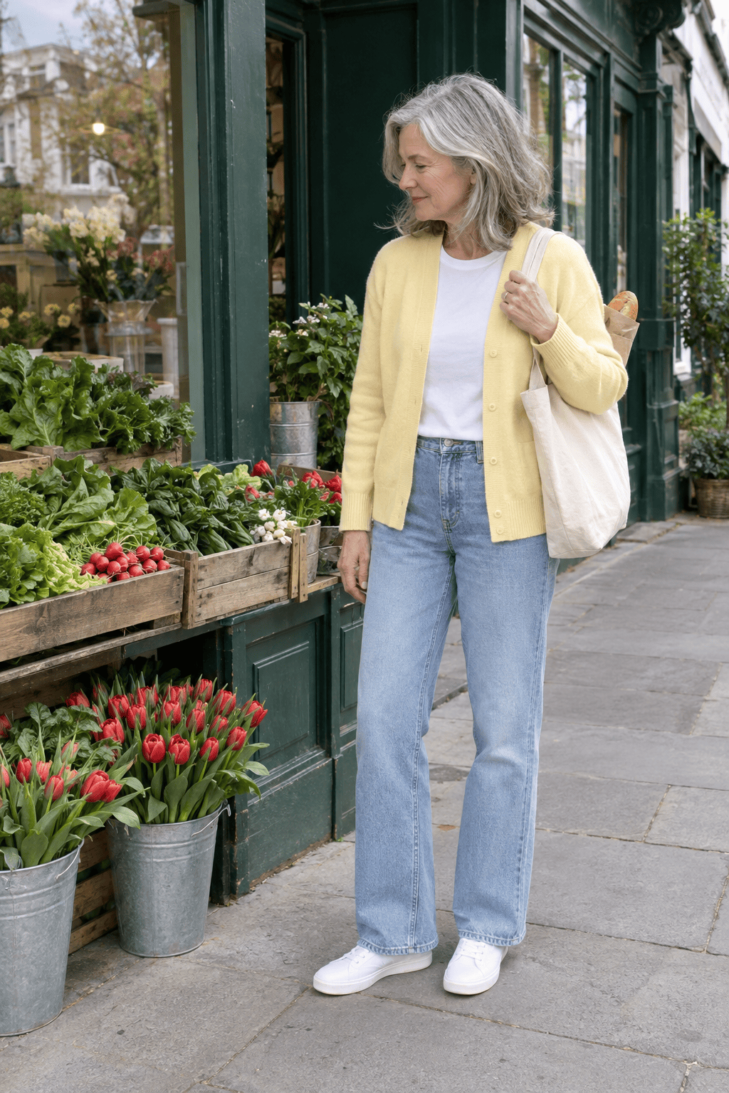 modern spring outfit for women over 60: pale butter yellow cardigan open over a white tee with light-wash straight jeans and white canvas sneakers