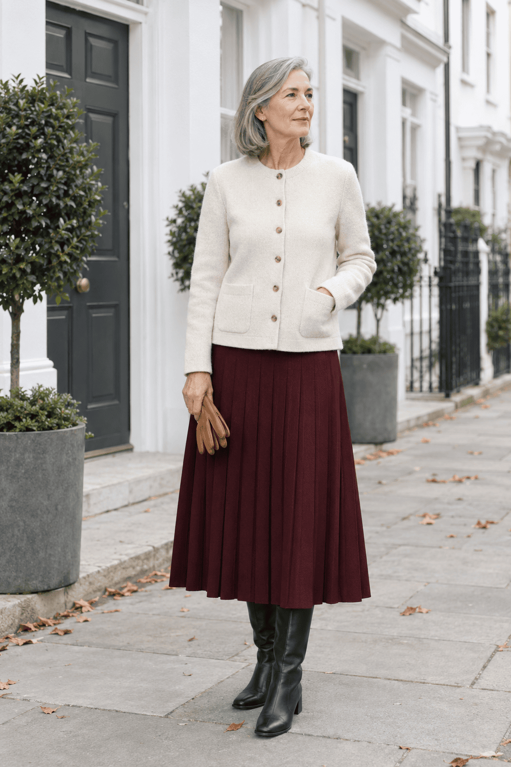 cardigan outfit for women over 60: ivory structured cashmere cardigan buttoned over a dark cherry pleated midi skirt with black knee-high boots