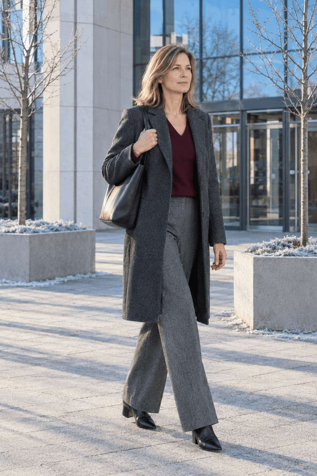 elegant winter outfit for women over 50: charcoal single-breasted coat over a burgundy V-neck sweater, grey flannel trousers and black block-heel ankle boots