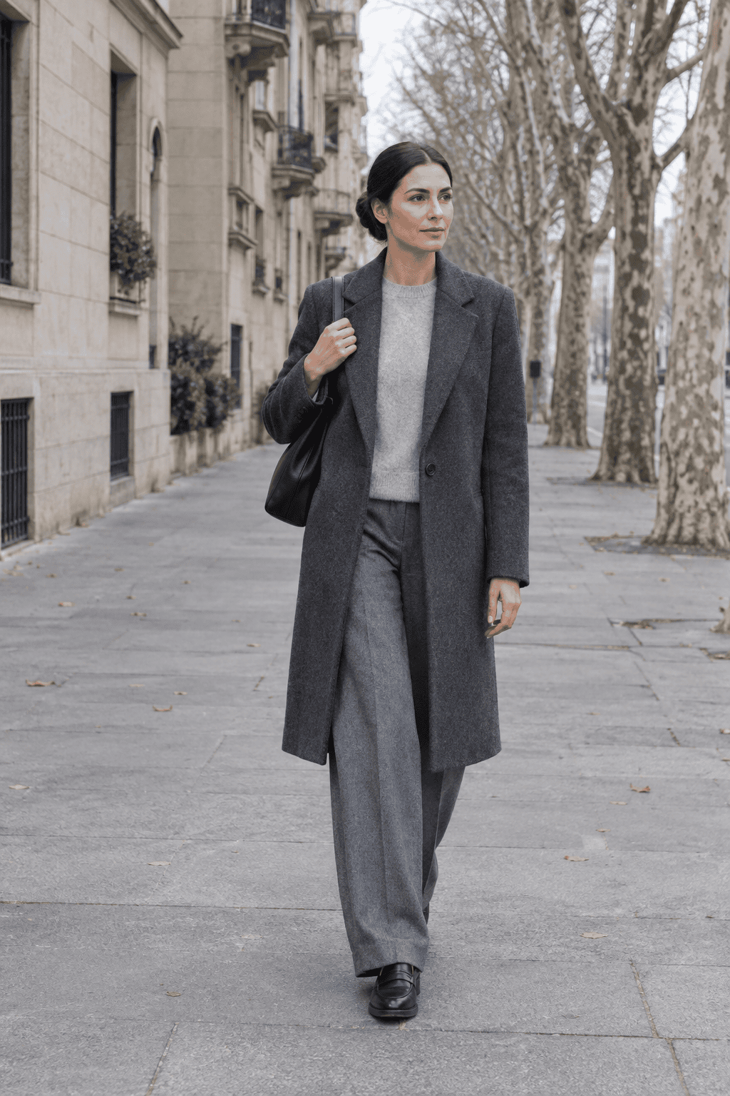 milan winter outfit in tonal grey: charcoal single-breasted wool coat, light grey cashmere crewneck, heather grey wool flannel trousers and black penny loafers