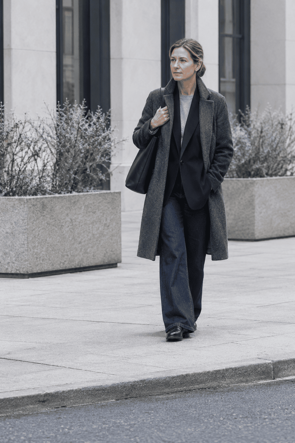 casual office winter outfit for women over 40: charcoal cocoon coat over a black oversized blazer, dark indigo wide-leg jeans and black penny loafers