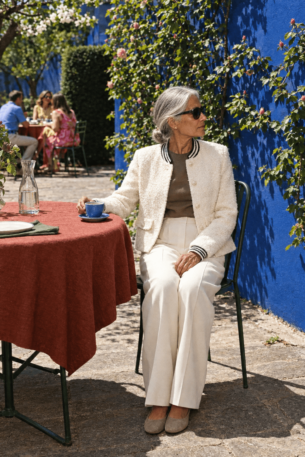 elegant 70th birthday garden lunch outfit: ivory boucle jacket with striped rib collar, ivory wide-leg trousers, taupe silk shell and nude suede ballet flats