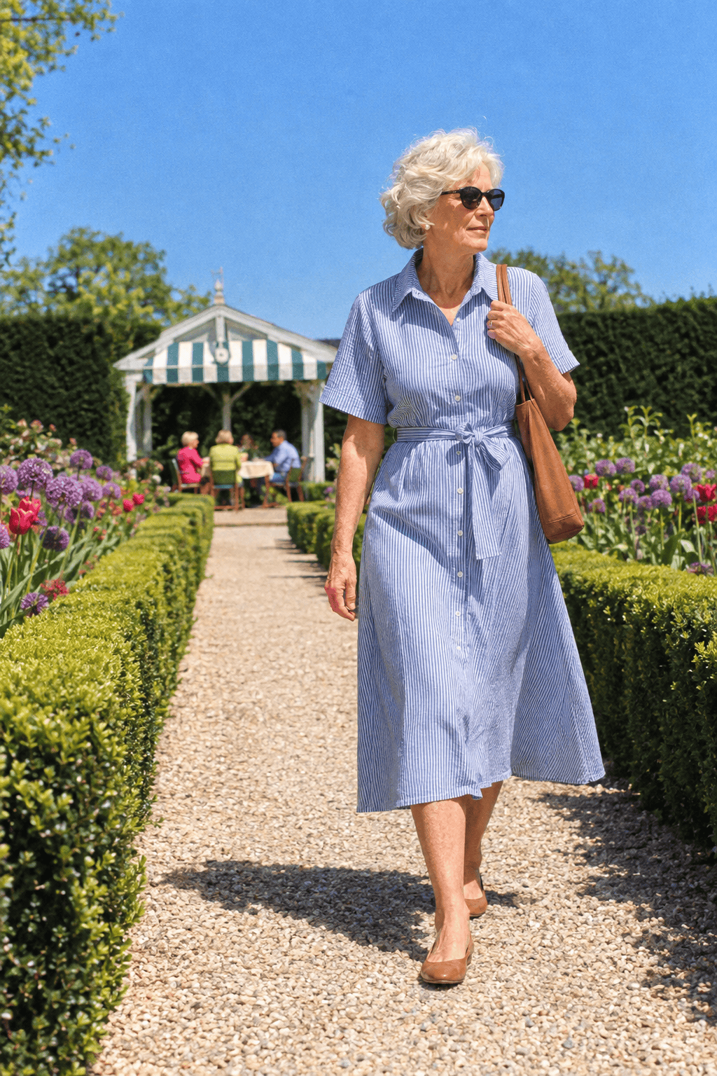 garden lunch outfit for women over 70: soft blue fine-stripe cotton midi shirt dress with tan leather ballet flats and a cognac leather shoulder bag