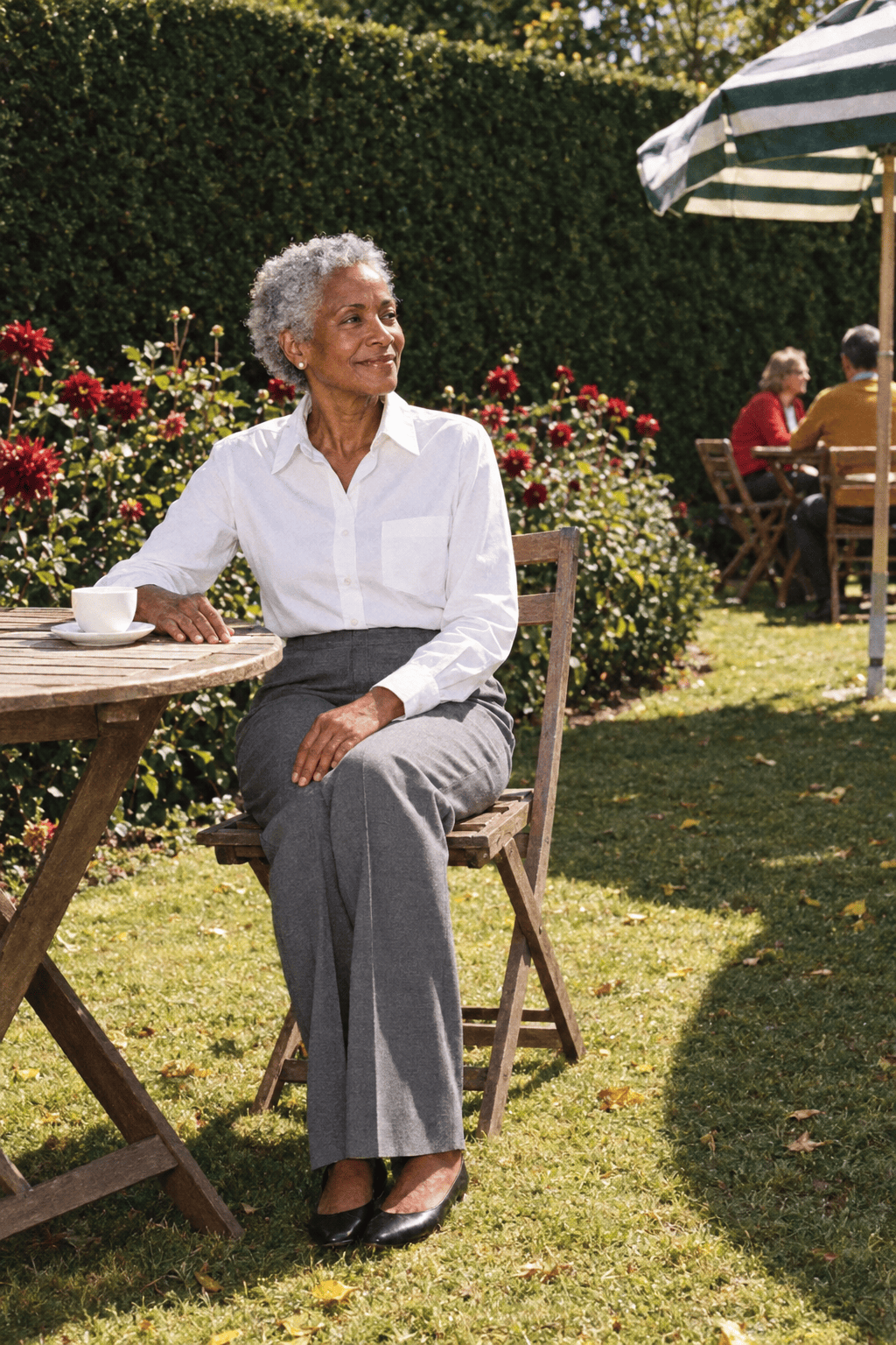 elegant lunch outfit for a woman in her 70s on a budget: white cotton oxford shirt, mid-gray wide-straight trousers and black leather ballet flats