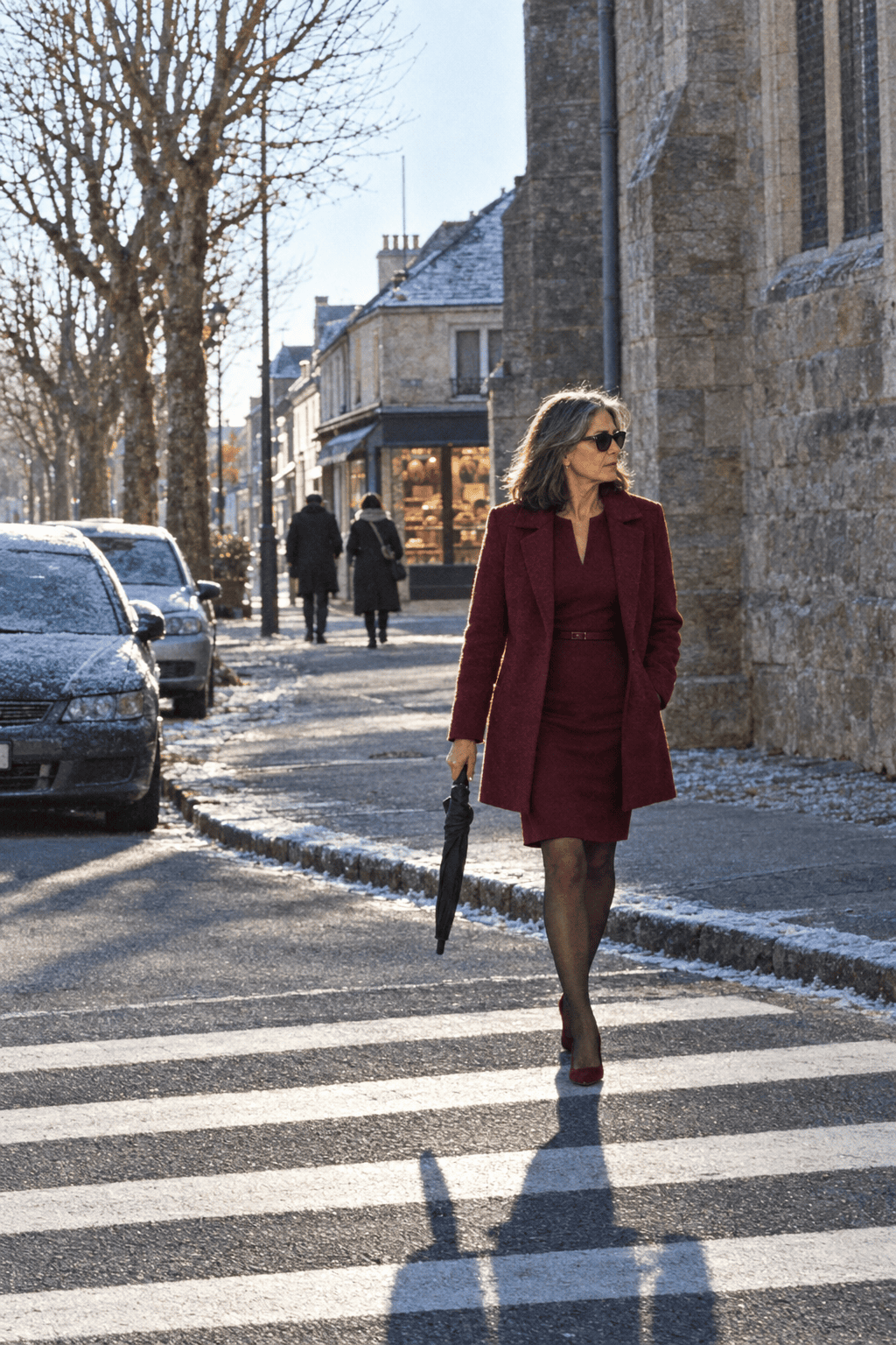 winter mother of the groom outfit: long-sleeve burgundy belted sheath dress under a thigh-length wine wool coat with burgundy suede pumps