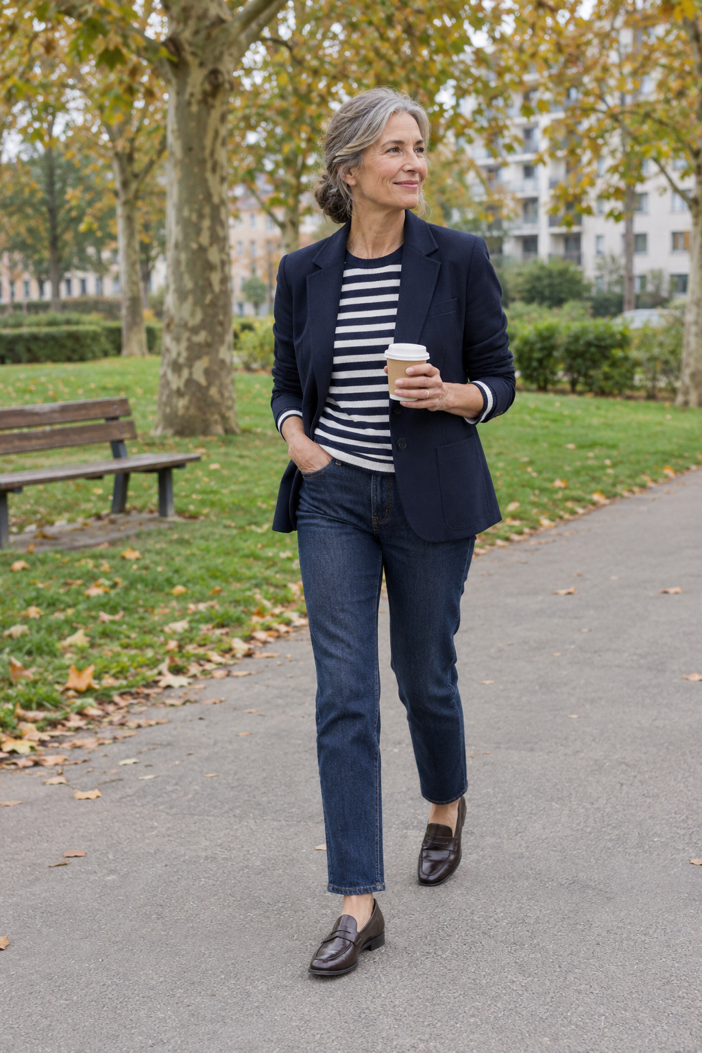 timeless weekend outfit for women over 60: navy blazer, Breton striped sweater, dark straight jeans and brown penny loafers