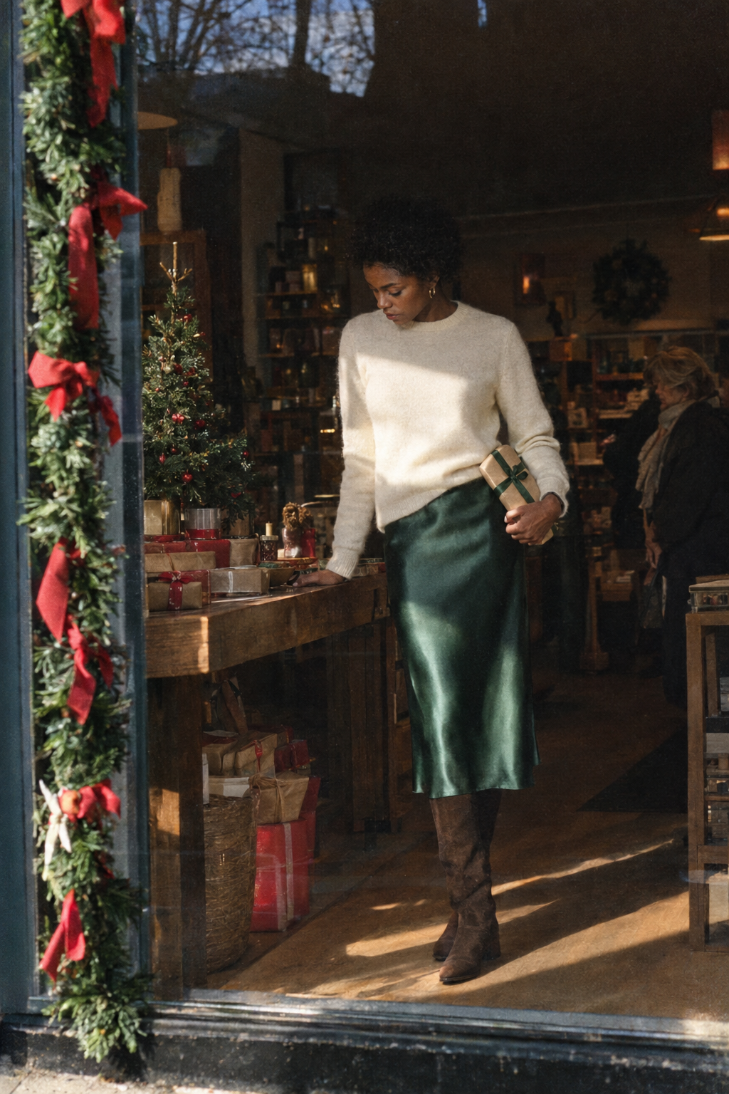 classy christmas party outfit: forest green silk midi skirt, cream cashmere crewneck sweater and dark brown knee-high boots
