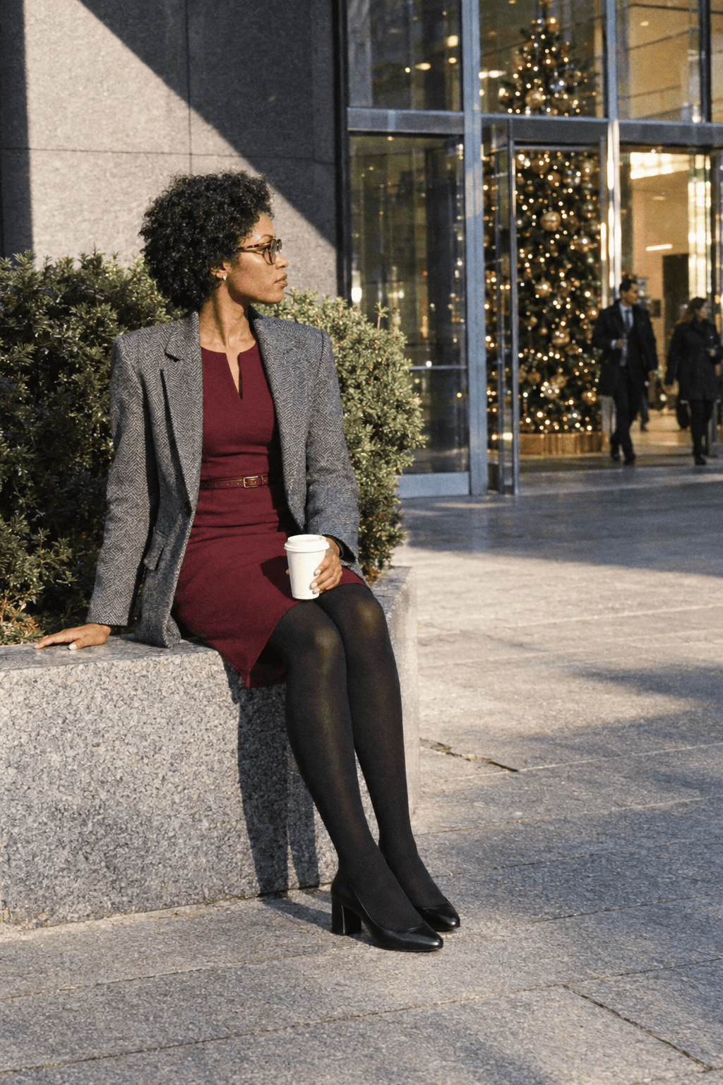 red dress outfit for an office Christmas party: knee-length burgundy belted sheath dress, graphite herringbone blazer and opaque black tights