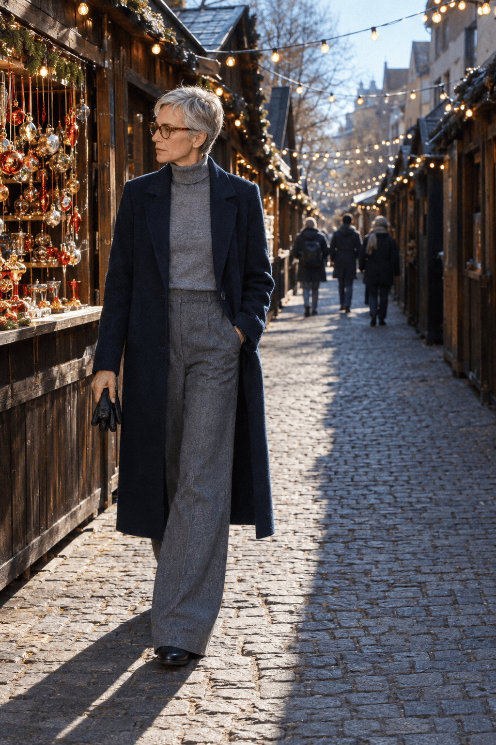 evening christmas market outfit with a long navy wool topcoat, grey merino turtleneck, grey wide-leg wool trousers and black chelsea boots