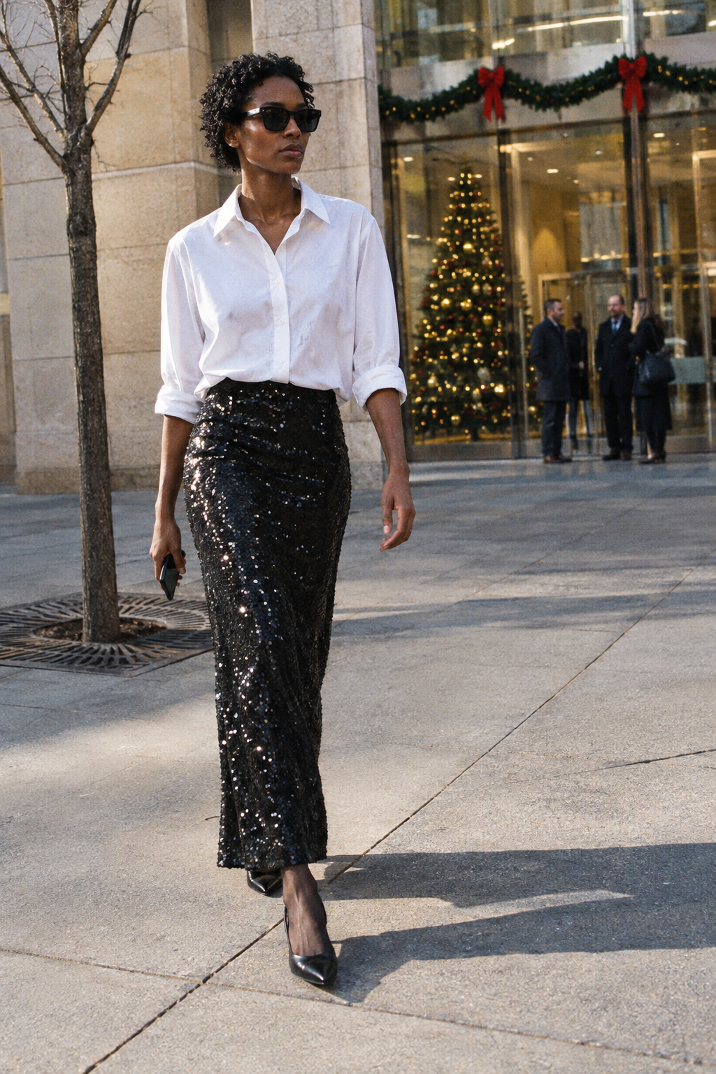 black sequin skirt outfit for an office holiday party: black sequin maxi skirt, white poplin button-down shirt and black slingback kitten heels