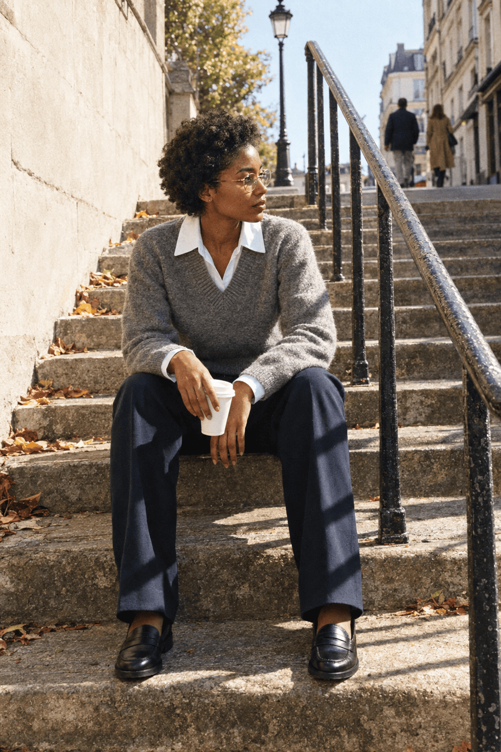 Is Massimo Dutti fast fashion: woman in a grey wool sweater and navy trousers on a city street