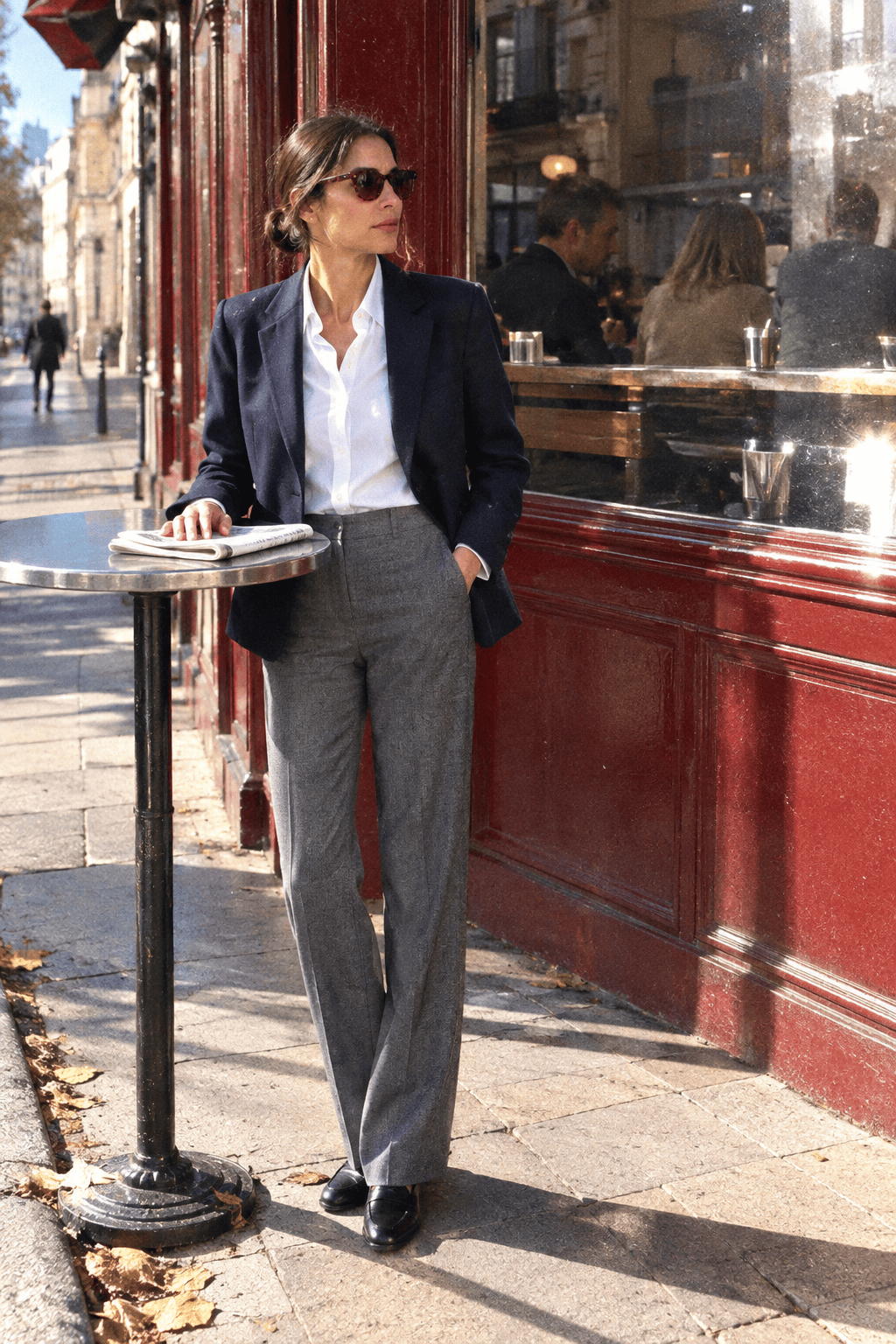 Old money clothing brands: woman in a white cotton shirt and navy blazer in the Brooks Brothers style